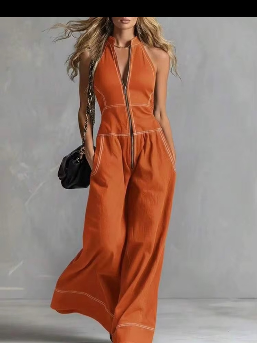 SHEIN Rust Orange Halter Wide-Leg Zip Jumpsuit
